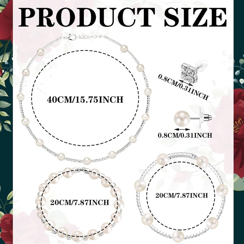 Glenmal Pearl Rhinestone Jewelry Set for Women Pearl Necklace Bracelet Earrings for Wedding Birthday Bridal Shower Tea Party - Image 3